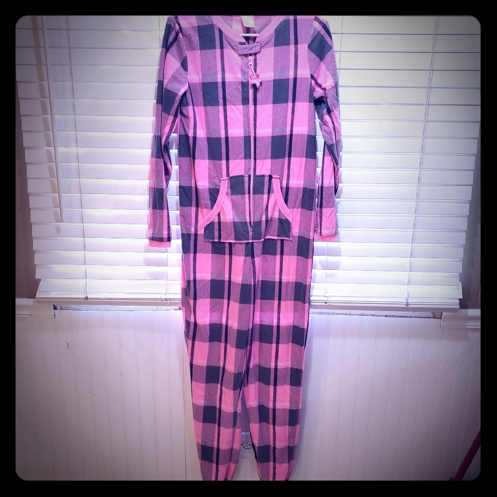 Womens Girls onsie pink plaid one piece pajamas